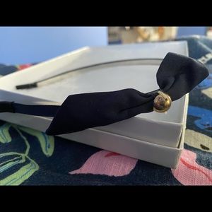 Thin Navy Blue Headband with Bow & Gold Detail